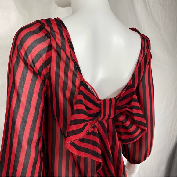 Live 4 Truth Red & Black Striped Sheer Bow Back Blouse - Picture 5 of 8